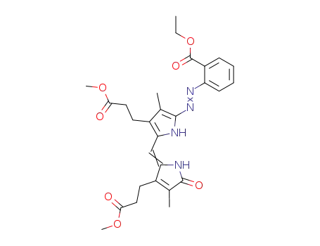 Molecular Structure of 62290-69-1 (1H-Pyrrole-3-propanoic acid,
2-[[5-[[2-(ethoxycarbonyl)phenyl]azo]-3-(3-methoxy-3-oxopropyl)-4-meth
yl-1H-pyrrol-2-yl]methylene]-2,5-dihydro-4-methyl-5-oxo-, methyl ester)