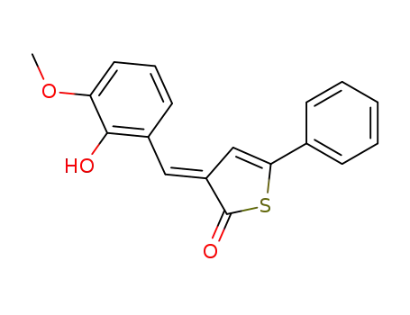 Molecular Structure of 61477-89-2 (2(3H)-Thiophenone,
3-[(2-hydroxy-3-methoxyphenyl)methylene]-5-phenyl-, (E)-)