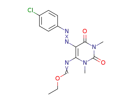 Molecular Structure of 63351-27-9 (Methanimidic acid,
N-[5-[(4-chlorophenyl)azo]-1,2,3,6-tetrahydro-1,3-dimethyl-2,6-dioxo-4-
pyrimidinyl]-, ethyl ester)