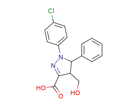 Molecular Structure of 61364-07-6 (1H-Pyrazole-3-carboxylic acid,
1-(4-chlorophenyl)-4,5-dihydro-4-(hydroxymethyl)-5-phenyl-, trans-)
