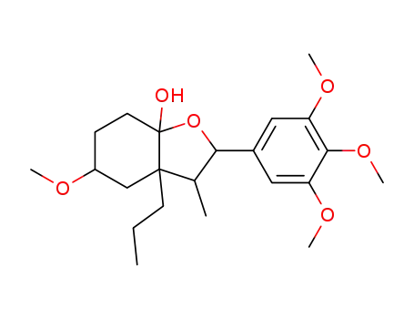 Molecular Structure of 64332-41-8 (7a(2H)-Benzofuranol,
hexahydro-5-methoxy-3-methyl-3a-propyl-2-(3,4,5-trimethoxyphenyl)-)