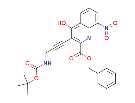 Molecular Structure of 495407-51-7 (2-Quinolinecarboxylic acid,
3-[3-[[(1,1-dimethylethoxy)carbonyl]amino]-1-propynyl]-4-hydroxy-8-nitro
-, phenylmethyl ester)