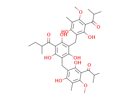 Molecular Structure of 55576-65-3 (1-Butanone,1-[3,5-bis[[2,6-dihydroxy-4-methoxy-3-methyl-5-(2-methyl-1-oxopropyl)phenyl]methyl]-2,4,6-trihydroxyphenyl]-2-methyl-(9CI))