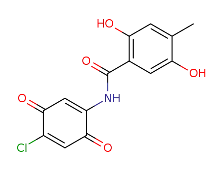 Molecular Structure of 60890-17-7 (Benzamide,
N-(4-chloro-3,6-dioxo-1,4-cyclohexadien-1-yl)-2,5-dihydroxy-4-methyl-)