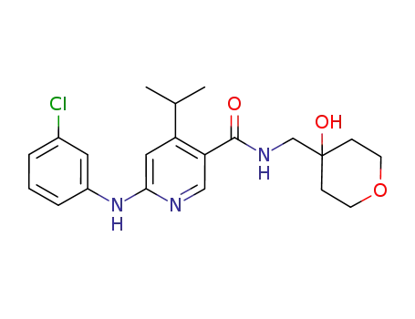 Molecular Structure of 676629-15-5 (3-Pyridinecarboxamide,
6-[(3-chlorophenyl)amino]-4-(1-methylethyl)-N-[(tetrahydro-4-hydroxy-2H
-pyran-4-yl)methyl]-)