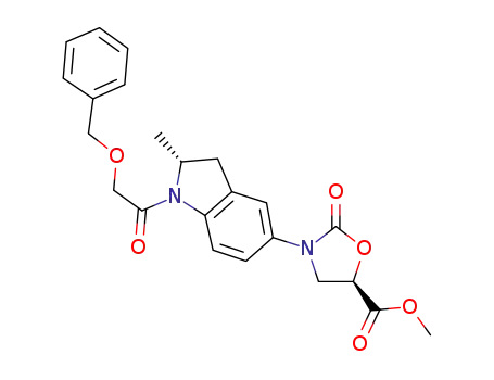 Molecular Structure of 590421-18-4 (5-Oxazolidinecarboxylic acid,
3-[(2R)-2,3-dihydro-2-methyl-1-[(phenylmethoxy)acetyl]-1H-indol-5-yl]-2-
oxo-, methyl ester, (5R)-)