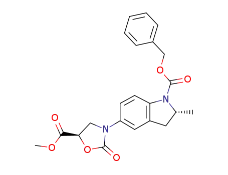 Molecular Structure of 590421-15-1 (1H-Indole-1-carboxylic acid,
2,3-dihydro-5-[(5R)-5-(methoxycarbonyl)-2-oxo-3-oxazolidinyl]-2-methyl-
, phenylmethyl ester, (2R)-)