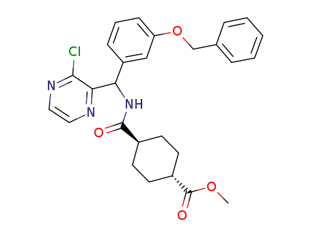 Molecular Structure of 850643-21-9 (Cyclohexanecarboxylic acid,
4-[[[(3-chloropyrazinyl)[3-(phenylmethoxy)phenyl]methyl]amino]carbonyl]-
, methyl ester, trans-)