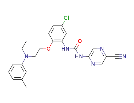 Molecular Structure of 660851-07-0 (Urea,
N-[5-chloro-2-[2-[ethyl(3-methylphenyl)amino]ethoxy]phenyl]-N'-(5-cyano
pyrazinyl)-)