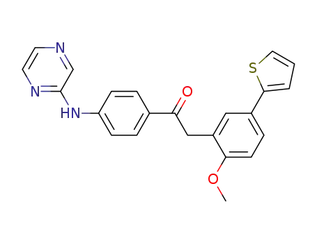 Molecular Structure of 872990-06-2 (Ethanone,
2-[2-methoxy-5-(2-thienyl)phenyl]-1-[4-(pyrazinylamino)phenyl]-)