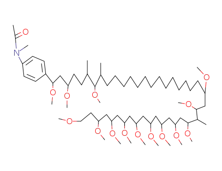 Molecular Structure of 62327-63-3 (Acetamide,
N-methyl-N-[4-(1,3,7,23,25,27,29,31,33,35,37,39,41,43-tetradecameth
oxy-6,8,26-trimethyltritetracontyl)phenyl]-)