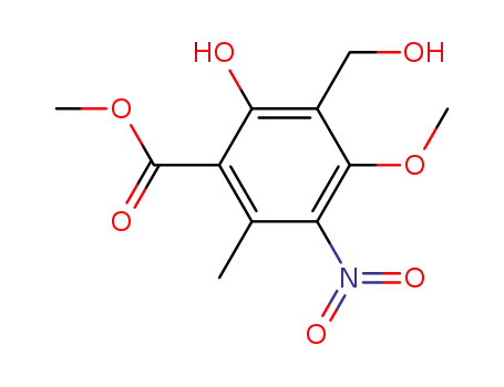 Molecular Structure of 67609-37-4 (Benzoic acid, 2-hydroxy-3-(hydroxymethyl)-4-methoxy-6-methyl-5-nitro-,
methyl ester)