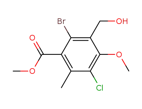Molecular Structure of 67609-28-3 (Benzoic acid,
2-bromo-5-chloro-3-(hydroxymethyl)-4-methoxy-6-methyl-, methyl ester)