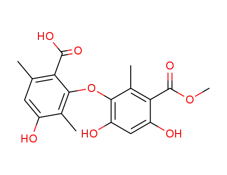 Molecular Structure of 64438-34-2 (Benzoic acid,
3-(2-carboxy-5-hydroxy-3,6-dimethylphenoxy)-4,6-dihydroxy-2-methyl-,
1-methyl ester)