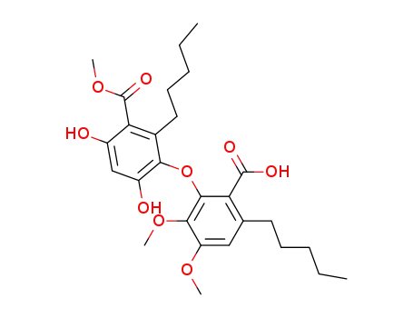 Molecular Structure of 63529-52-2 (Benzoic acid,
3-(2-carboxy-5,6-dimethoxy-3-pentylphenoxy)-4,6-dihydroxy-2-pentyl-,
1-methyl ester)
