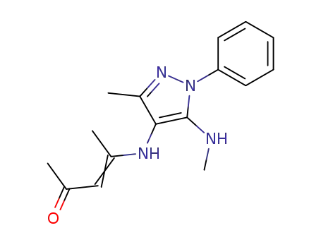 Molecular Structure of 63536-15-2 (3-Penten-2-one,
4-[[3-methyl-5-(methylamino)-1-phenyl-1H-pyrazol-4-yl]amino]-)