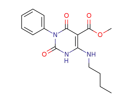 Molecular Structure of 61638-28-6 (5-Pyrimidinecarboxylic acid,
4-(butylamino)-1,2,3,6-tetrahydro-2,6-dioxo-1-phenyl-, methyl ester)