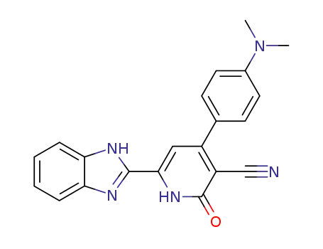 Molecular Structure of 62306-40-5 (3-Pyridinecarbonitrile,
6-(1H-benzimidazol-2-yl)-4-[4-(dimethylamino)phenyl]-1,2-dihydro-2-ox
o-)