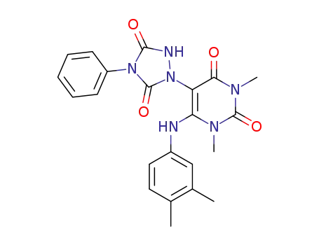 Molecular Structure of 57712-80-8 (2,4(1H,3H)-Pyrimidinedione,
6-[(3,4-dimethylphenyl)amino]-5-(3,5-dioxo-4-phenyl-1,2,4-triazolidin-1-
yl)-1,3-dimethyl-)