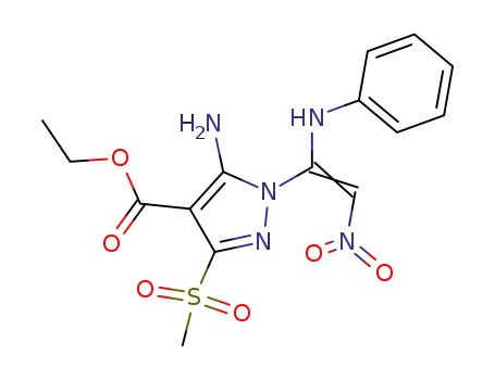 Molecular Structure of 62390-93-6 (1H-Pyrazole-4-carboxylic acid,
5-amino-3-(methylsulfonyl)-1-[2-nitro-1-(phenylamino)ethenyl]-, ethyl
ester)