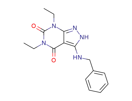 Molecular Structure of 67304-79-4 (2H-Pyrazolo[3,4-d]pyrimidine-4,6(5H,7H)-dione,
5,7-diethyl-3-[(phenylmethyl)amino]-)
