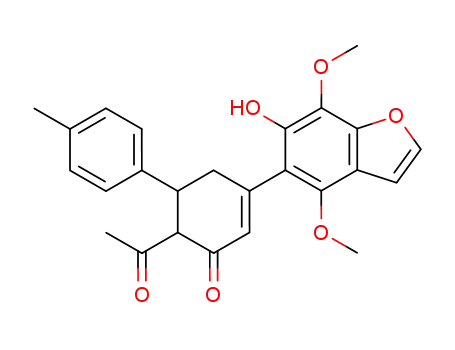 Molecular Structure of 62061-87-4 (2-Cyclohexen-1-one,
6-acetyl-3-(6-hydroxy-4,7-dimethoxy-5-benzofuranyl)-5-(4-methylphenyl)
-)