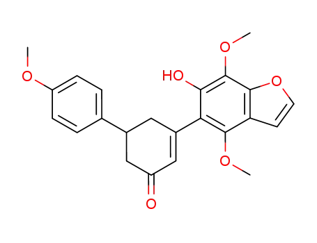Molecular Structure of 62062-09-3 (2-Cyclohexen-1-one,
3-(6-hydroxy-4,7-dimethoxy-5-benzofuranyl)-5-(4-methoxyphenyl)-)
