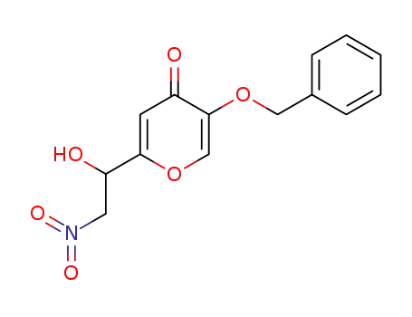 Molecular Structure of 59281-04-8 (4H-Pyran-4-one, 2-(1-hydroxy-2-nitroethyl)-5-(phenylmethoxy)-)