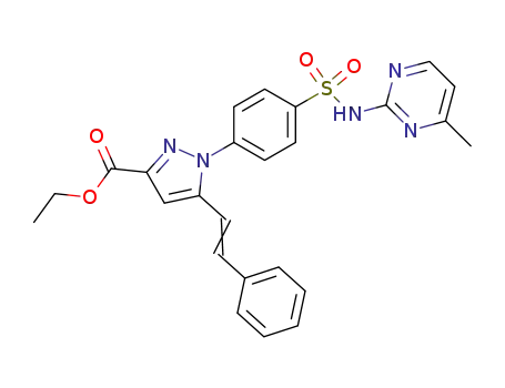 Molecular Structure of 67419-87-8 (1H-Pyrazole-3-carboxylic acid,
1-[4-[[(4-methyl-2-pyrimidinyl)amino]sulfonyl]phenyl]-5-(2-phenylethenyl)-
, ethyl ester)