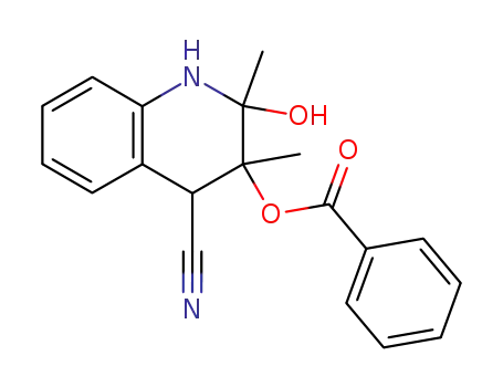 Molecular Structure of 61831-17-2 (4-Quinolinecarbonitrile,
3-(benzoyloxy)-1,2,3,4-tetrahydro-2-hydroxy-2,3-dimethyl-)