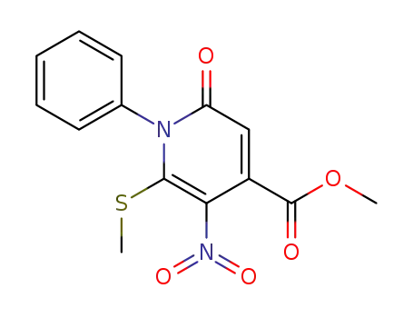 Molecular Structure of 63326-06-7 (4-Pyridinecarboxylic acid,
1,2-dihydro-6-(methylthio)-5-nitro-2-oxo-1-phenyl-, methyl ester)