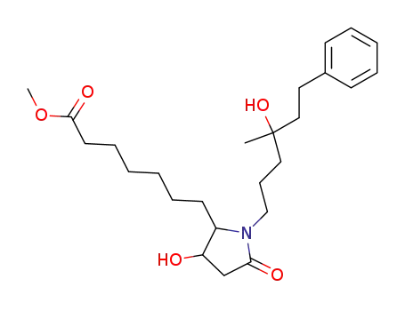 Molecular Structure of 65790-71-8 (2-Pyrrolidineheptanoic acid,
3-hydroxy-1-(4-hydroxy-4-methyl-6-phenylhexyl)-5-oxo-, methyl ester)