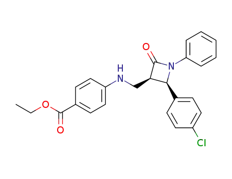 Molecular Structure of 62500-58-7 (Benzoic acid,
4-[[[2-(4-chlorophenyl)-4-oxo-1-phenyl-3-azetidinyl]methyl]amino]-, ethyl
ester, cis-)