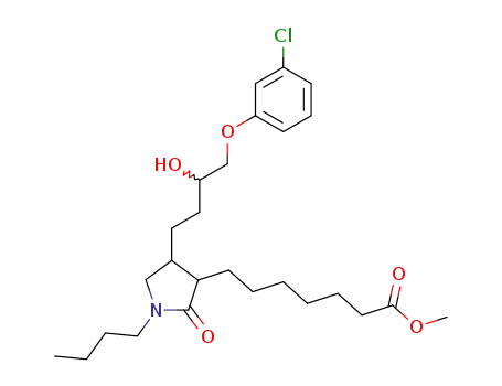 Molecular Structure of 62833-78-7 (3-Pyrrolidineheptanoic acid,
1-butyl-4-[4-(3-chlorophenoxy)-3-hydroxybutyl]-2-oxo-, methyl ester)