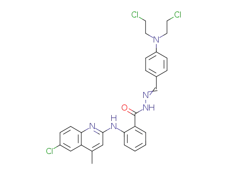 Molecular Structure of 74459-56-6 (Benzoic acid,2-[(6-chloro-4-methyl-2-quinolinyl)amino]-,2-[[4-[bis(2-chloroethyl)amino]phenyl]methylene]hydrazide)