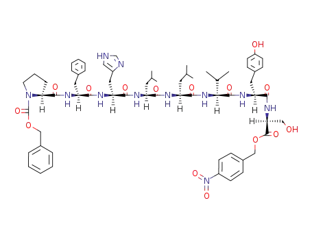 Molecular Structure of 16738-75-3 (Serine,N-[N-[N-[N-[N-[N-[N-(1-carboxy-L-prolyl)-3-phenyl-L-alanyl]-L-histidyl]-L-leucyl]-L-leucyl]-L-valyl]-L-tyrosyl]-,benzyl p-nitrobenzyl ester, L- (8CI))