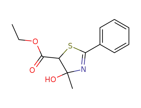 Molecular Structure of 61291-88-1 (5-Thiazolecarboxylic acid, 4,5-dihydro-4-hydroxy-4-methyl-2-phenyl-,
ethyl ester)