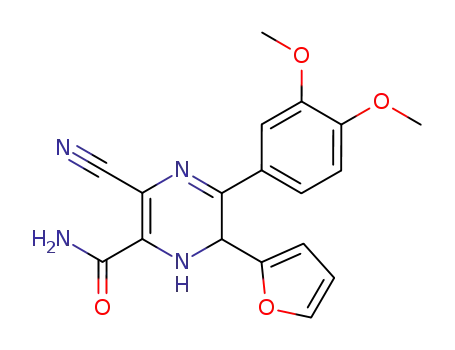 Molecular Structure of 66371-56-0 (Pyrazinecarboxamide,
3-cyano-5-(3,4-dimethoxyphenyl)-6-(2-furanyl)-1,6-dihydro-)