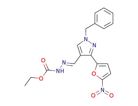 Molecular Structure of 61620-43-7 (Hydrazinecarboxylic acid,
[[3-(5-nitro-2-furanyl)-1-(phenylmethyl)-1H-pyrazol-4-yl]methylene]-, ethyl
ester)