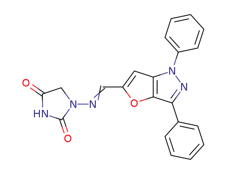 Molecular Structure of 63379-37-3 (2,4-Imidazolidinedione,
1-[[(1,3-diphenyl-1H-furo[3,2-c]pyrazol-5-yl)methylene]amino]-)