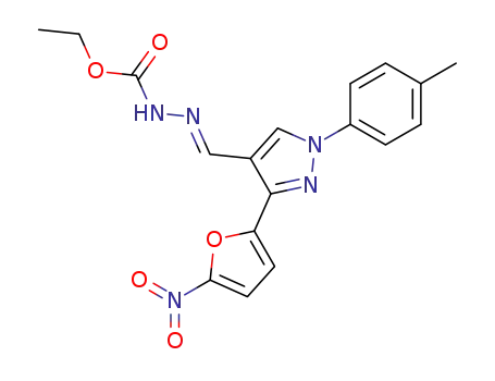 Molecular Structure of 61620-53-9 (Hydrazinecarboxylic acid,
[[1-(4-methylphenyl)-3-(5-nitro-2-furanyl)-1H-pyrazol-4-yl]methylene]-,
ethyl ester)