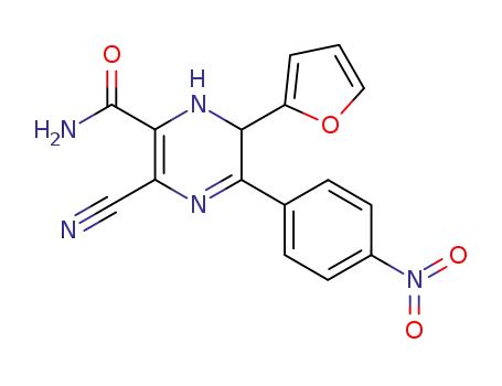 Molecular Structure of 66371-38-8 (Pyrazinecarboxamide,
3-cyano-6-(2-furanyl)-1,6-dihydro-5-(4-nitrophenyl)-)