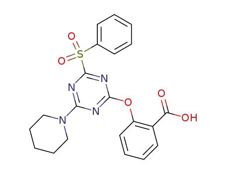 Molecular Structure of 63545-99-3 (Benzoic acid,
2-[[4-(phenylsulfonyl)-6-(1-piperidinyl)-1,3,5-triazin-2-yl]oxy]-)