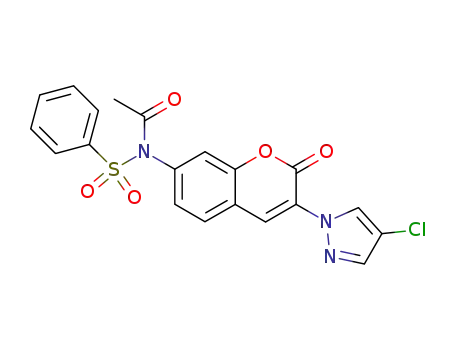 Molecular Structure of 62119-61-3 (Acetamide,
N-[3-(4-chloro-1H-pyrazol-1-yl)-2-oxo-2H-1-benzopyran-7-yl]-N-(phenyl
sulfonyl)-)