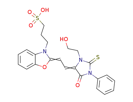 Molecular Structure of 47743-92-0 (3(2H)-Benzoxazolepropanesulfonic acid,
2-[[3-(2-hydroxyethyl)-5-oxo-1-phenyl-2-thioxo-4-imidazolidinylidene]eth
ylidene]-)
