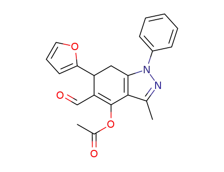 Molecular Structure of 62591-35-9 (1H-Indazole-5-carboxaldehyde,
4-(acetyloxy)-6-(2-furanyl)-6,7-dihydro-3-methyl-1-phenyl-)