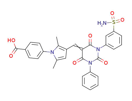 Molecular Structure of 61480-57-7 (Benzoic acid,
4-[3-[[1-[3-(aminosulfonyl)phenyl]tetrahydro-2,4,6-trioxo-3-phenyl-5(2H)-
pyrimidinylidene]methyl]-2,5-dimethyl-1H-pyrrol-1-yl]-)