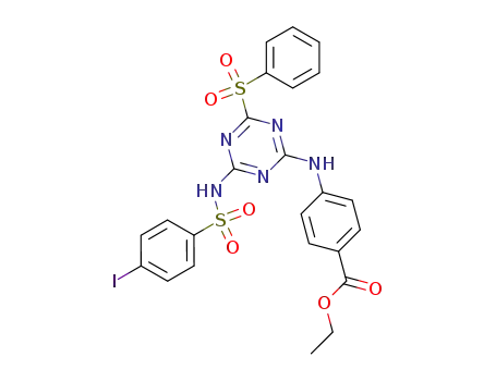 Molecular Structure of 62785-03-9 (Benzoic acid,
4-[[4-[[(4-iodophenyl)sulfonyl]amino]-6-(phenylsulfonyl)-1,3,5-triazin-2-yl]
amino]-, ethyl ester)