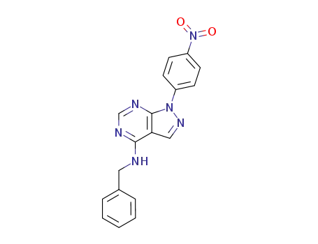 Molecular Structure of 65974-13-2 (1H-Pyrazolo[3,4-d]pyrimidin-4-amine,
1-(4-nitrophenyl)-N-(phenylmethyl)-)