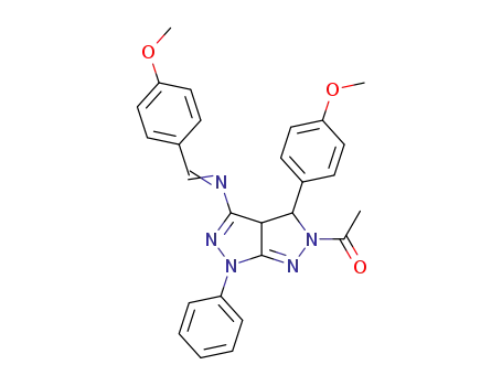 Molecular Structure of 67780-62-5 (Pyrazolo[3,4-c]pyrazol-3-amine,
5-acetyl-1,3a,4,5-tetrahydro-4-(4-methoxyphenyl)-N-[(4-methoxyphenyl)
methylene]-1-phenyl-)